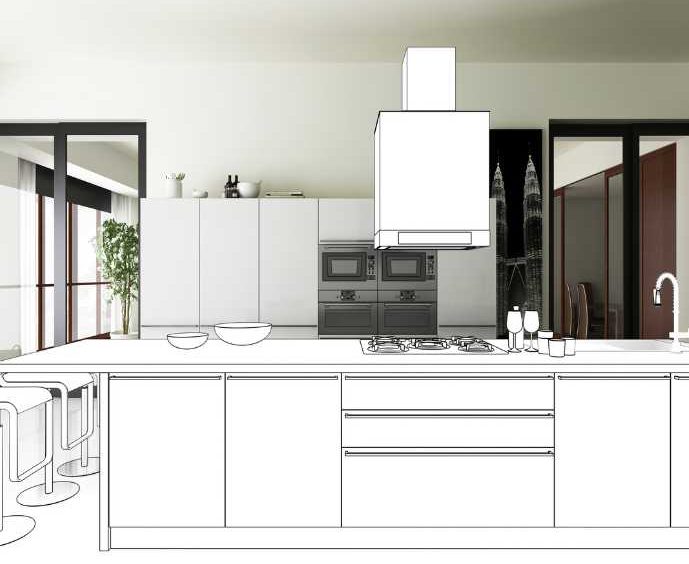 render de cocina de lujo a medida en Monterrey