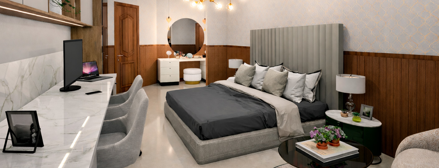 Diseño de recámara moderna en Monterrey con cabecera tapizada, escritorio de mármol y acabados en mader